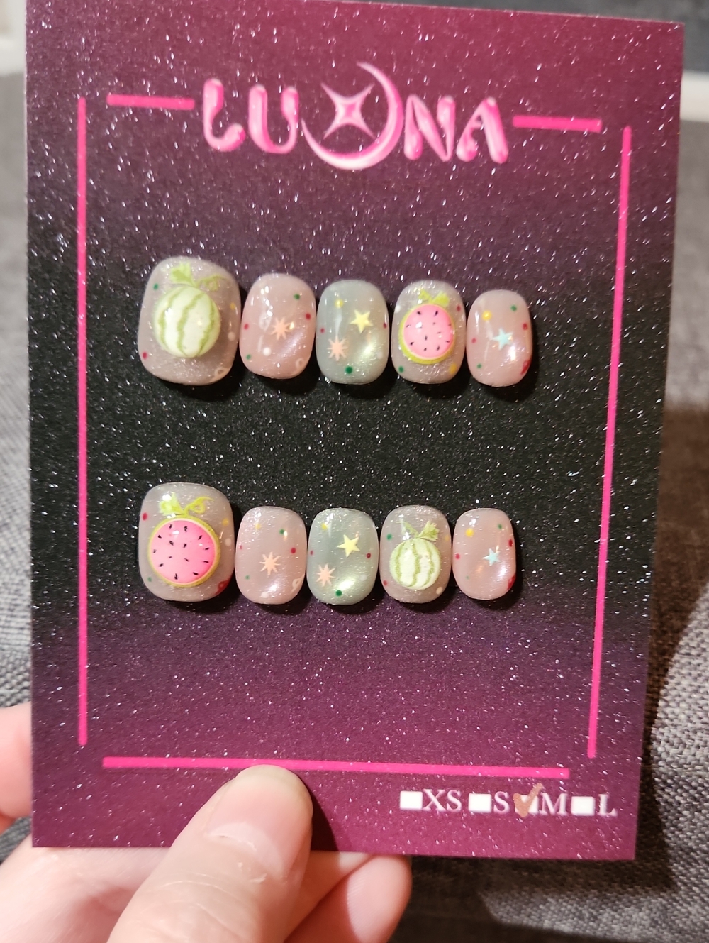 Pink/Green Watermelon Press On Nails. Size Medium